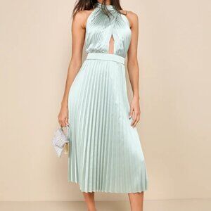 Totally Charming Sage Green Satin Pleated Halter Midi Dress